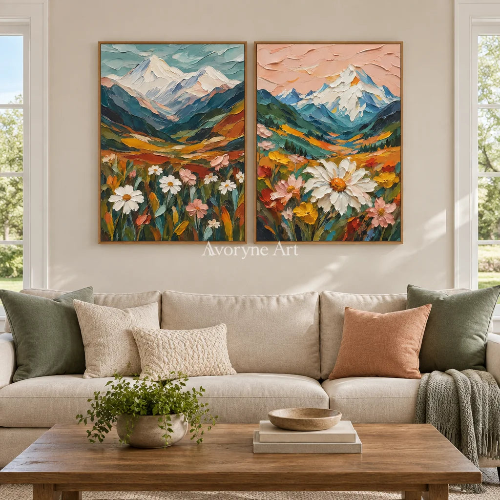 Alpine Bloom: Textured Mountain Floral Diptych Art — villa wood