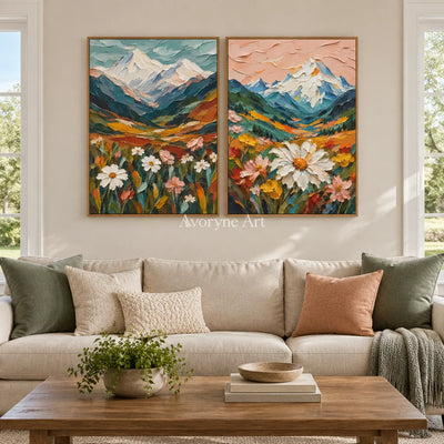 Alpine Bloom: Textured Mountain Floral Diptych Art — villa wood