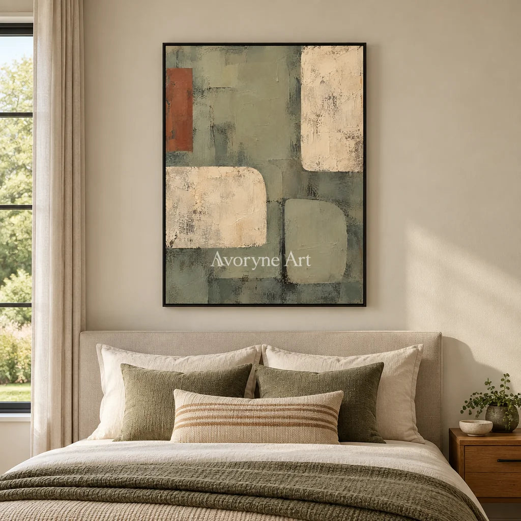 Sage Intervals: Textured Neutral Geometric Art — bedroom black