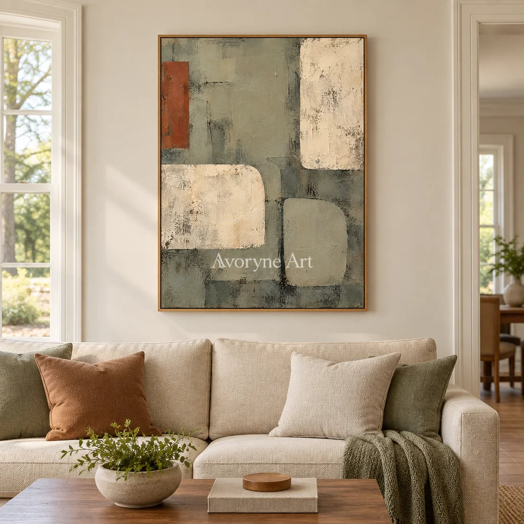 Sage Intervals: Textured Neutral Geometric Art — villa wood