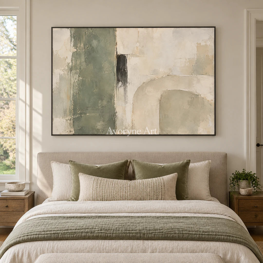 Sage Threshold: Textured Neutral Geometric Wall Art — bedroom black