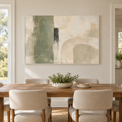 Sage Threshold: Textured Neutral Geometric Wall Art — dining white