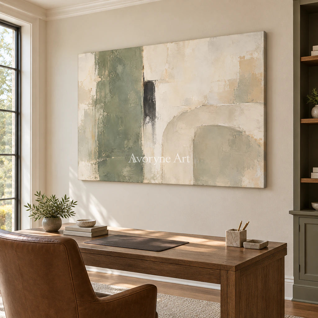 Sage Threshold: Textured Neutral Geometric Wall Art — office frameless