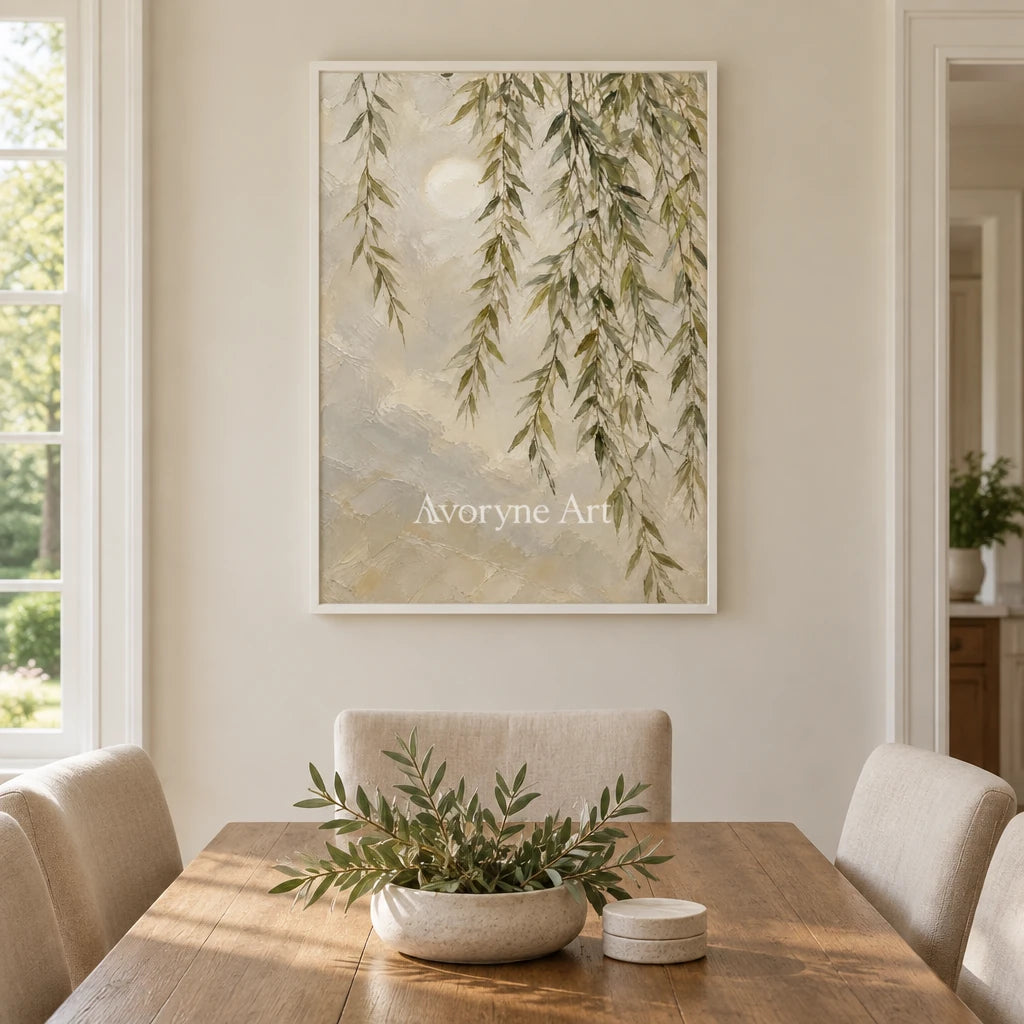 Willow Hush: Textured Neutral Willow Landscape Art — dining white