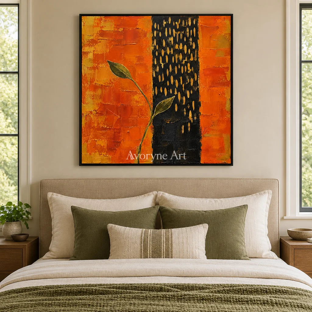 Ember Sprig: Textured Orange Botanical Abstract Art — bedroom black
