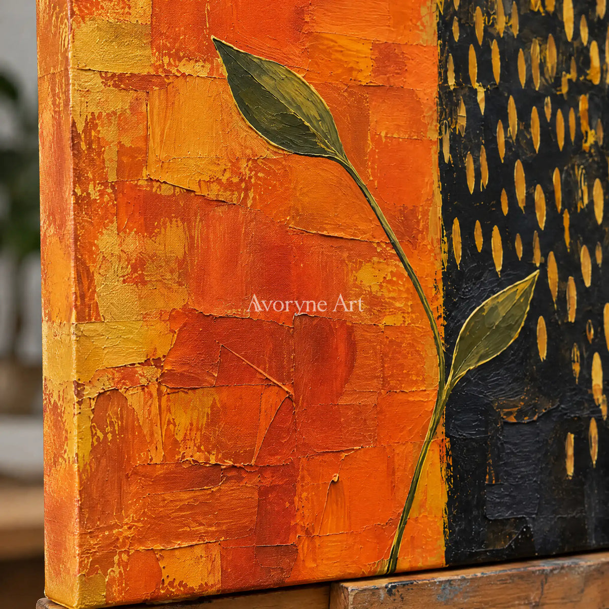 Ember Sprig: Textured Orange Botanical Abstract Art — detail easel