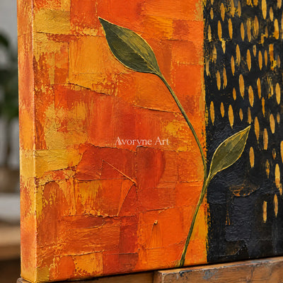 Ember Sprig: Textured Orange Botanical Abstract Art — detail easel