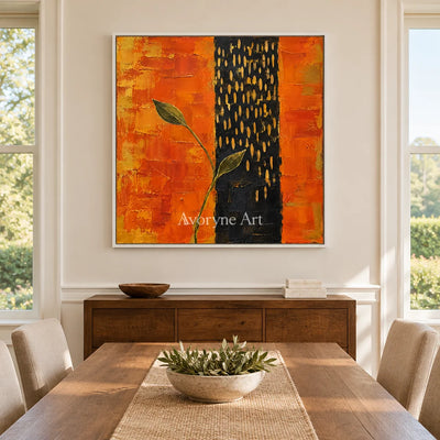 Ember Sprig: Textured Orange Botanical Abstract Art — dining white