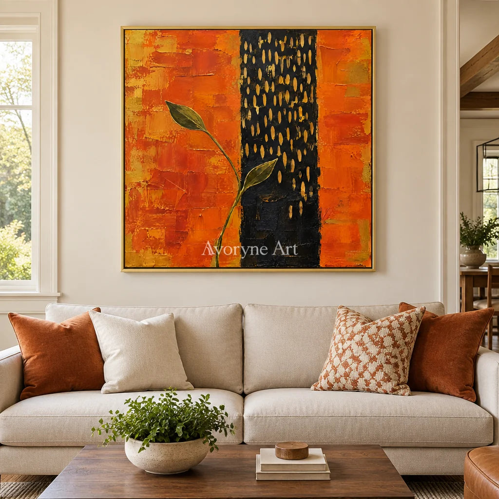Ember Sprig: Textured Orange Botanical Abstract Art — living gold
