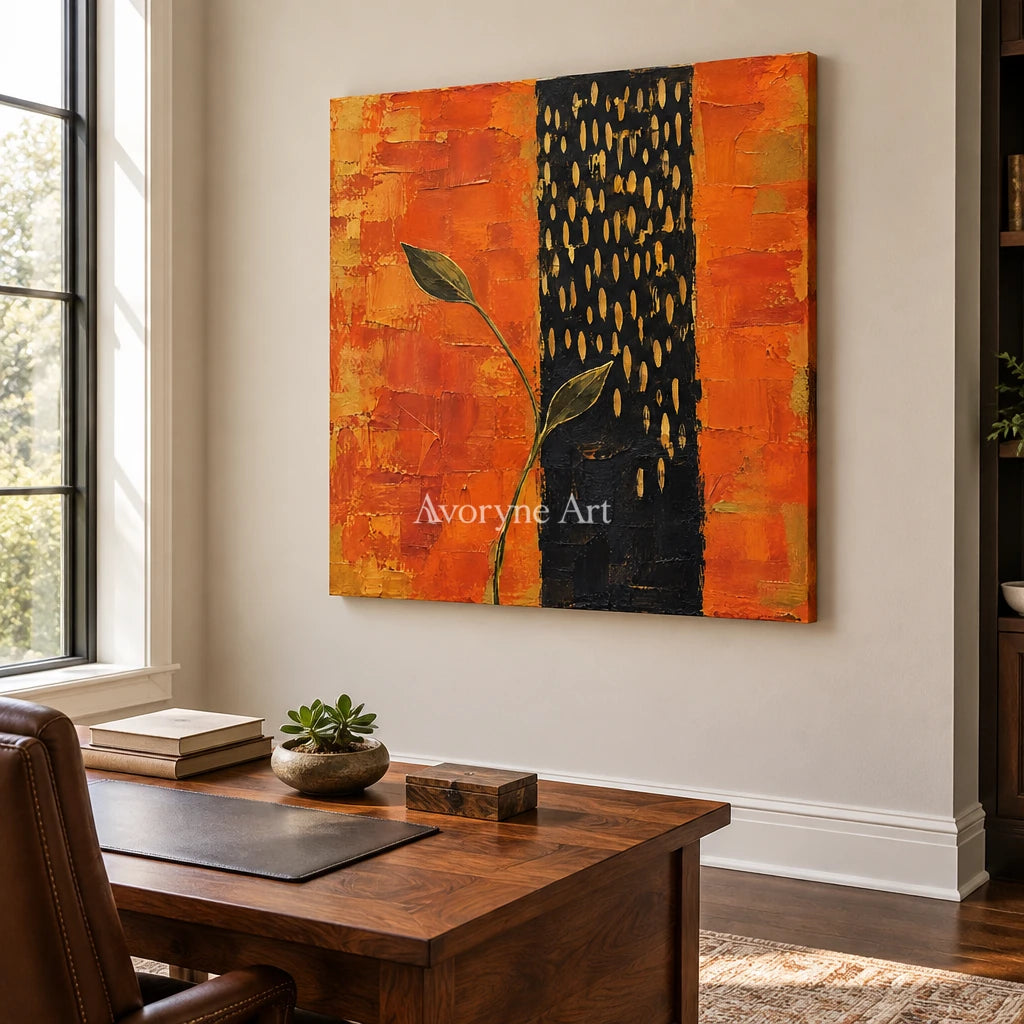 Ember Sprig: Textured Orange Botanical Abstract Art — office frameless