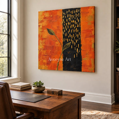 Ember Sprig: Textured Orange Botanical Abstract Art — office frameless