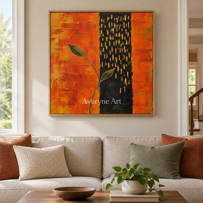 Ember Sprig: Textured Orange Botanical Abstract Art — villa wood