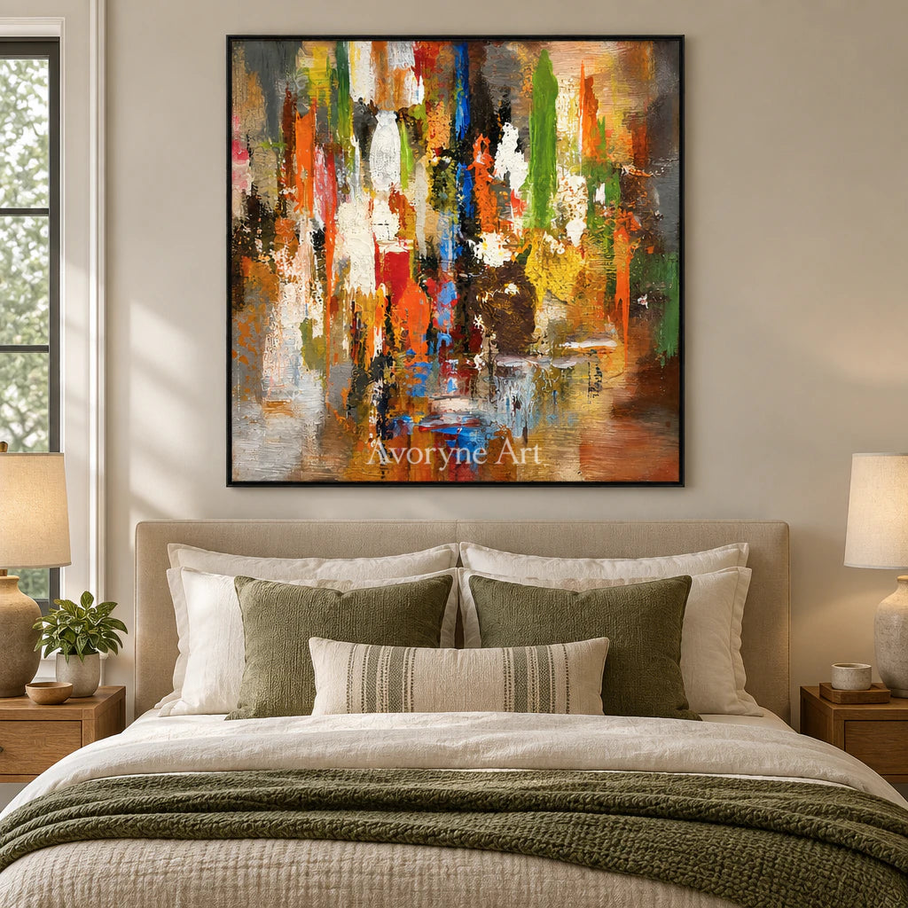 Autumn Pulse: Textured Orange Color Abstract Wall Art — bedroom black