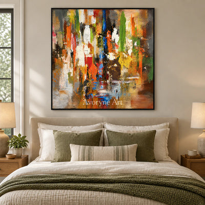 Autumn Pulse: Textured Orange Color Abstract Wall Art — bedroom black