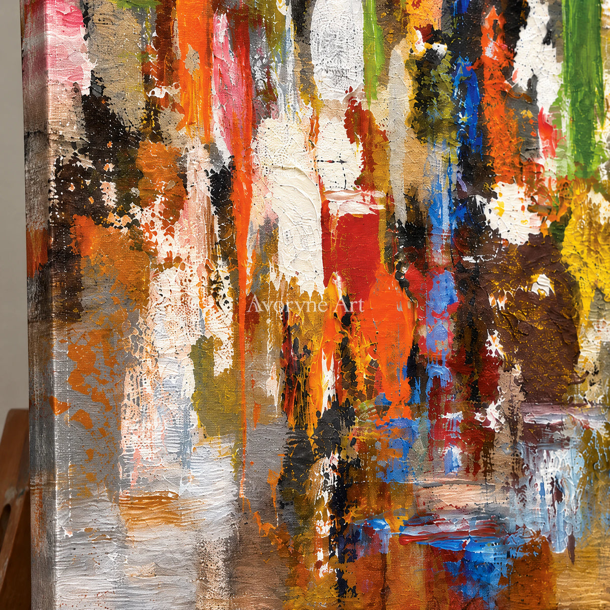 Autumn Pulse: Textured Orange Color Abstract Wall Art — detail easel