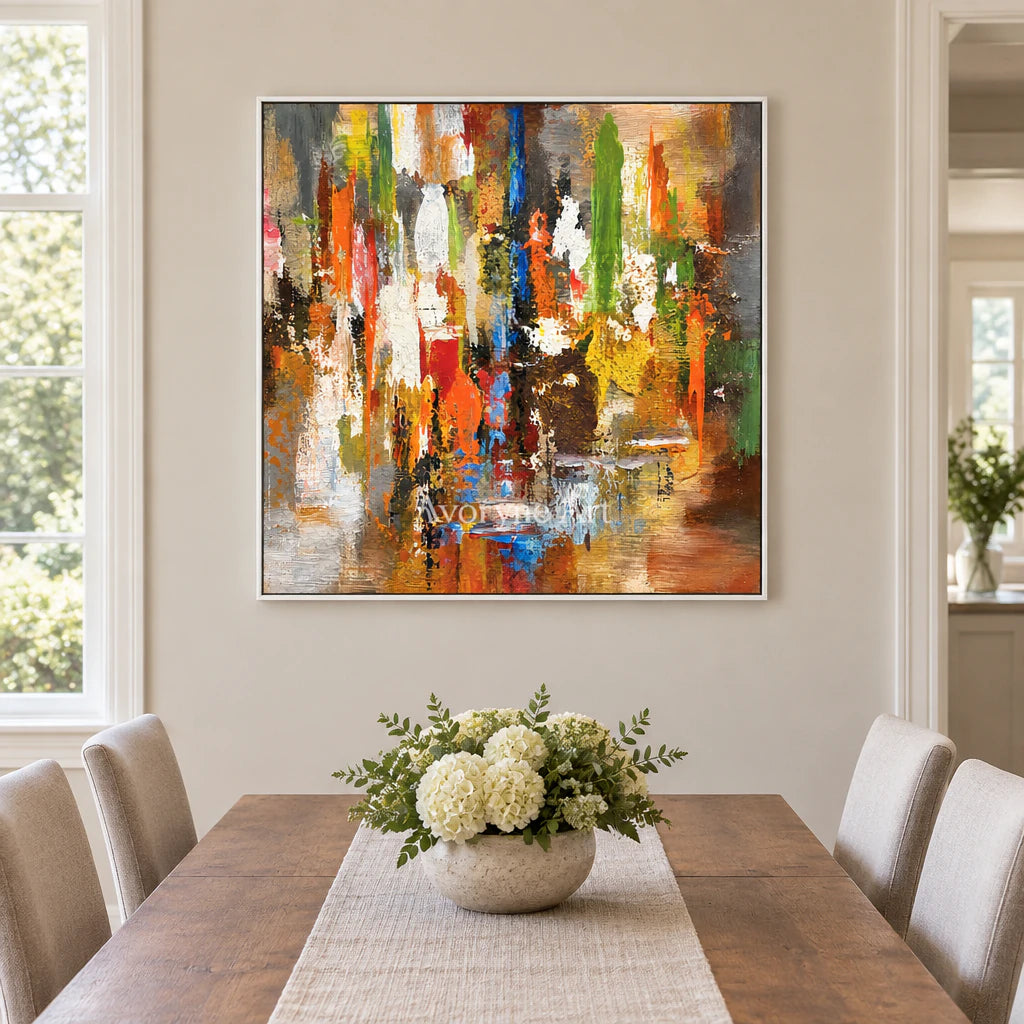 Autumn Pulse: Textured Orange Color Abstract Wall Art — dining white