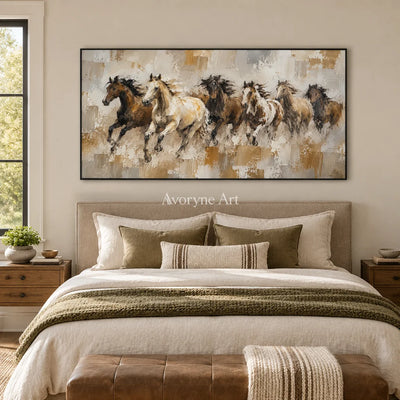 Open Gallop: Textured Panoramic Horse Art — bedroom black