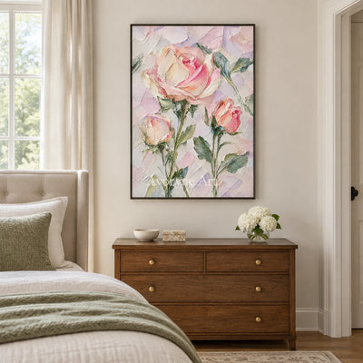 Rose Sonnet: Textured Pink Rose Floral Wall Art — bedroom black
