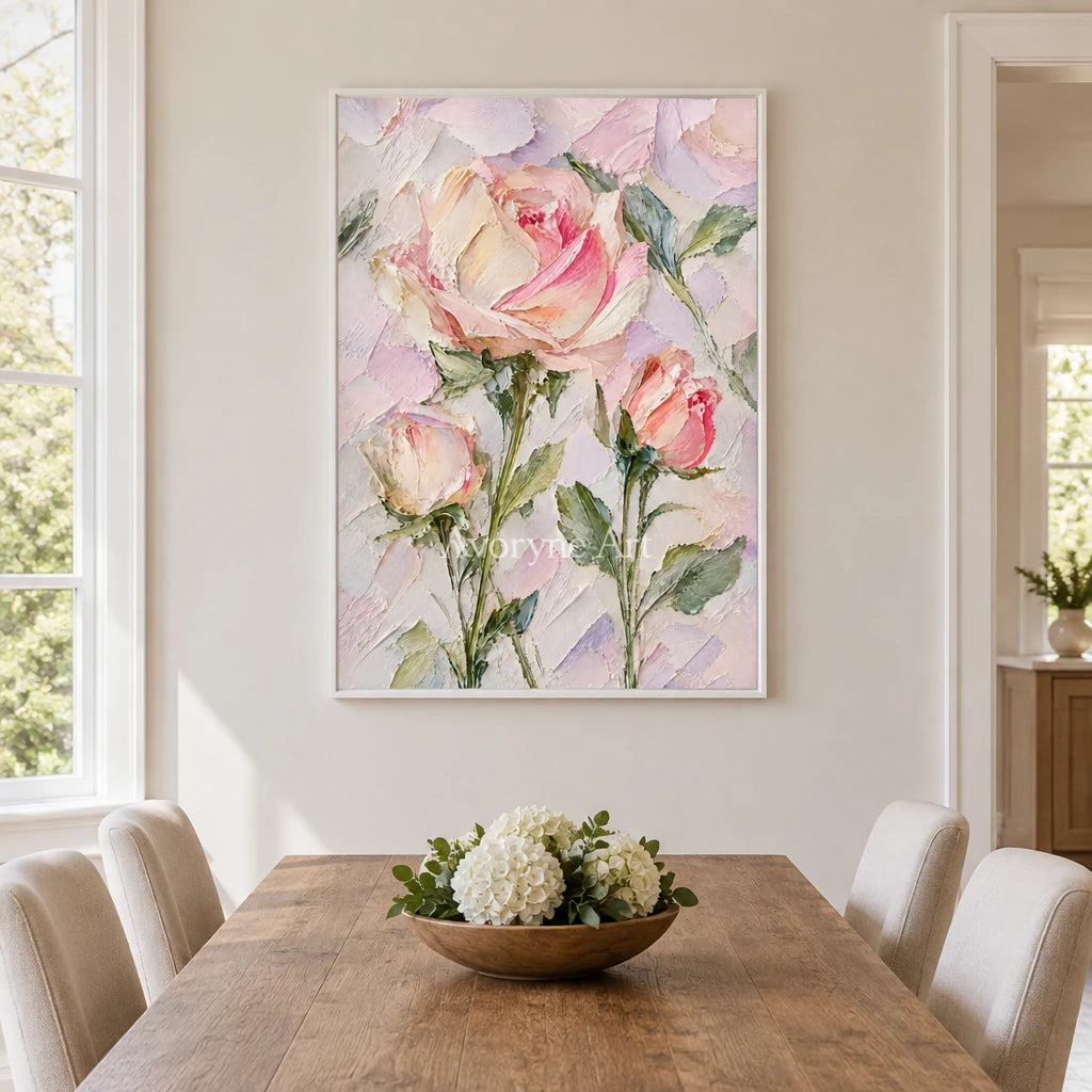Rose Sonnet: Textured Pink Rose Floral Wall Art — dining white