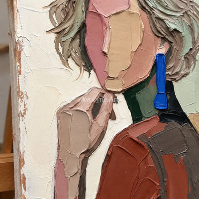 Close-up of the hand-painted texture of Verdant Memory textured portrait wall art on an easel