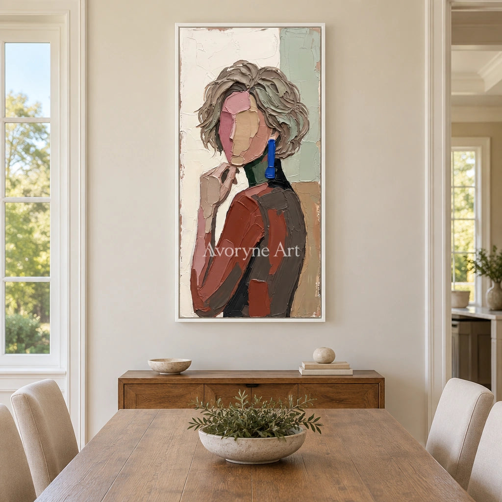 Verdant Memory textured portrait wall art with a white frame in a dining room