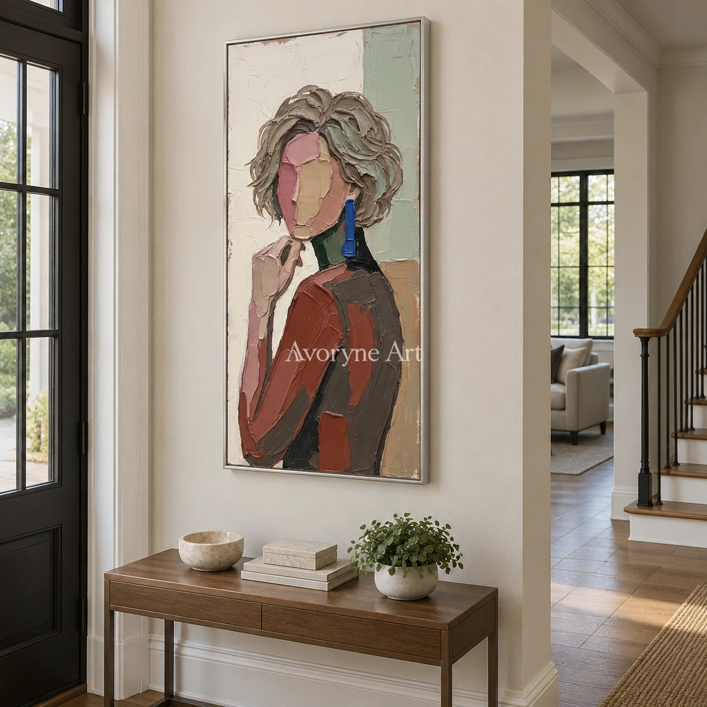 Verdant Memory textured portrait wall art with a silver frame in an entryway