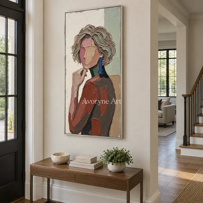 Verdant Memory textured portrait wall art with a silver frame in an entryway