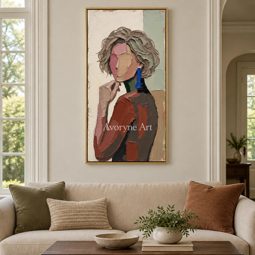 Verdant Memory textured portrait wall art with a gold frame hanging in a living room