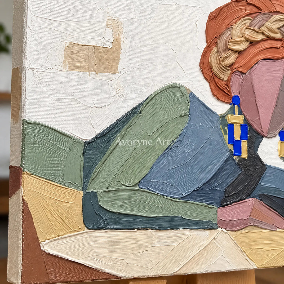 Close-up of the hand-painted texture of Verdant Prelude textured portrait wall art on an easel