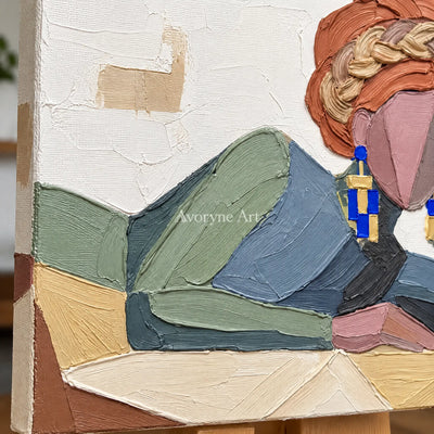 Close-up of the hand-painted texture of Verdant Prelude textured portrait wall art on an easel