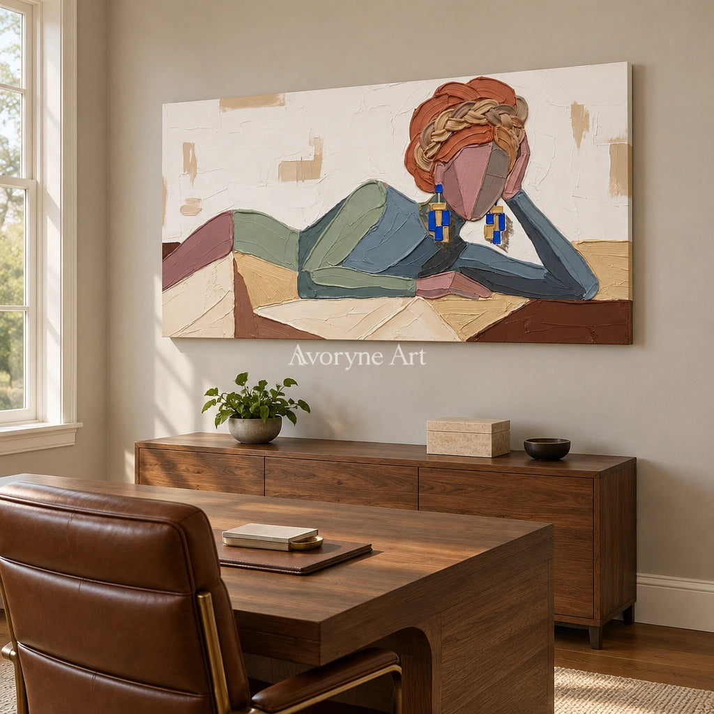 Verdant Prelude textured portrait wall art as a frameless stretched canvas in a home office
