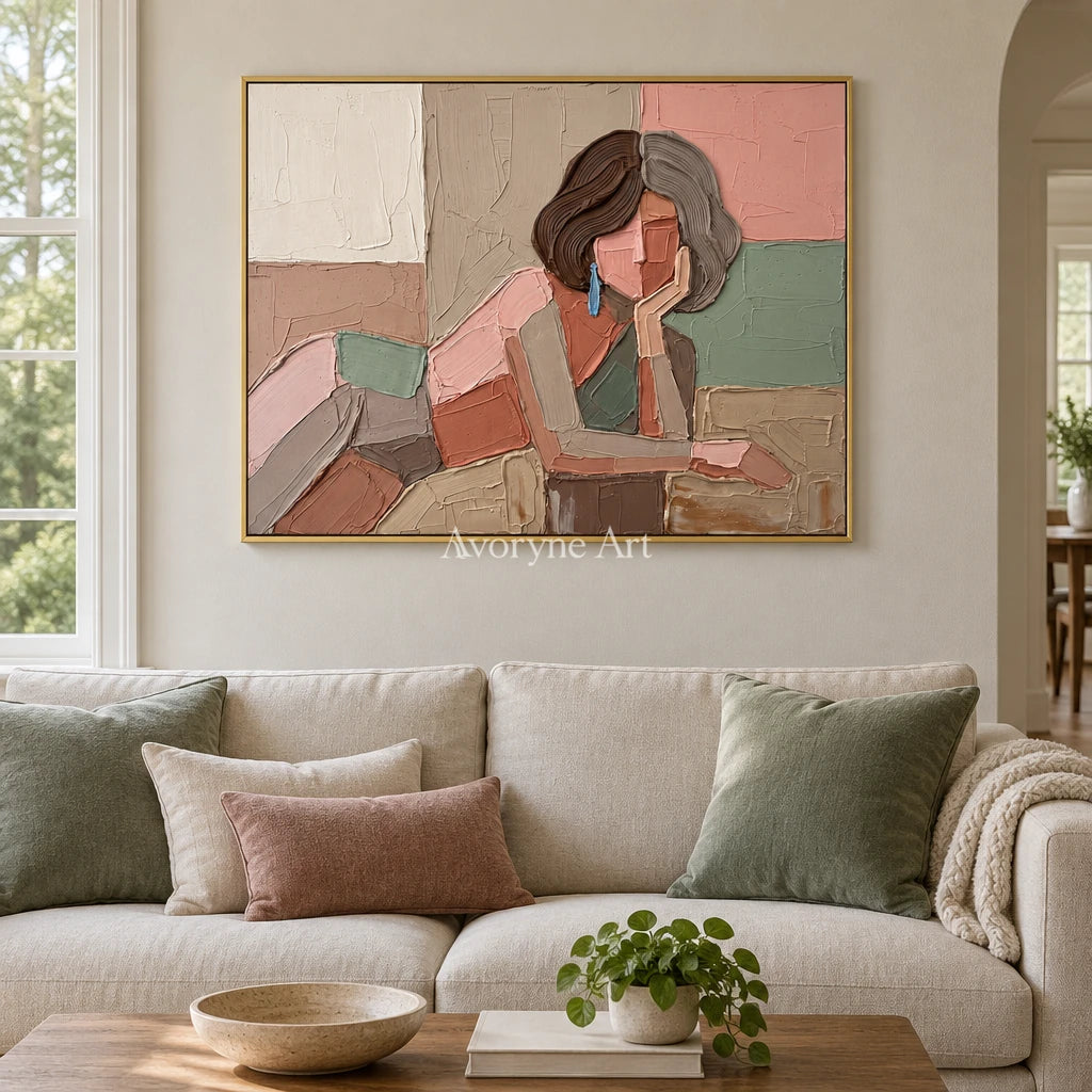 Verdant Trace textured portrait wall art with a gold frame hanging in a living room