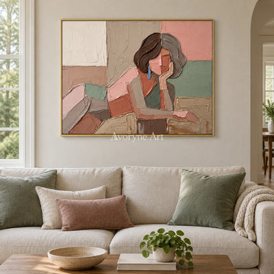 Verdant Trace textured portrait wall art with a gold frame hanging in a living room