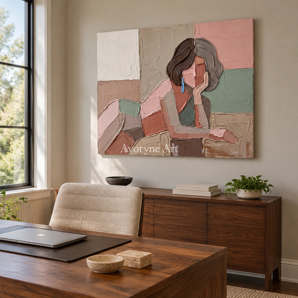 Verdant Trace textured portrait wall art as a frameless stretched canvas in a home office