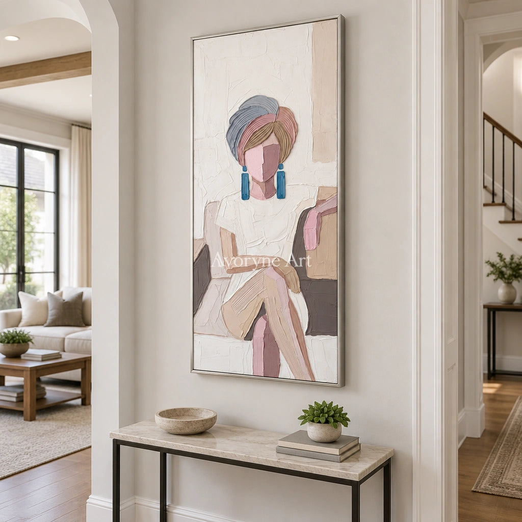 Verdant Story textured portrait wall art with a silver frame in an entryway