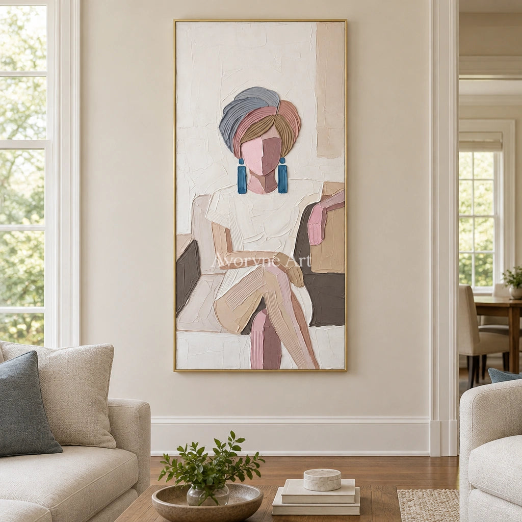 Verdant Story textured portrait wall art with a gold frame hanging in a living room