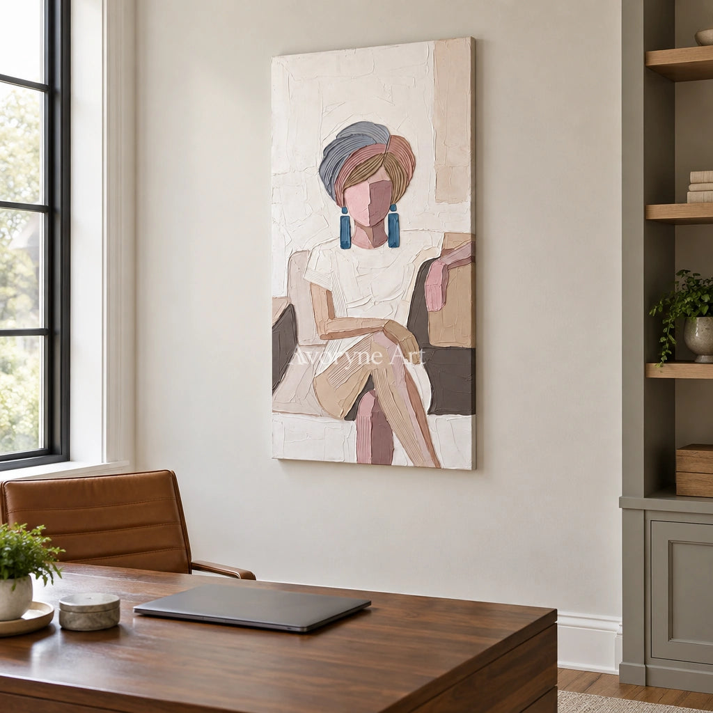 Verdant Story textured portrait wall art as a frameless stretched canvas in a home office