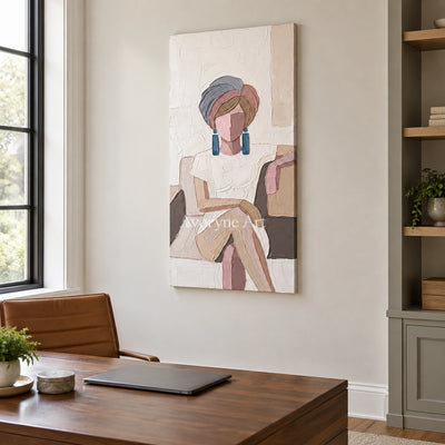 Verdant Story textured portrait wall art as a frameless stretched canvas in a home office