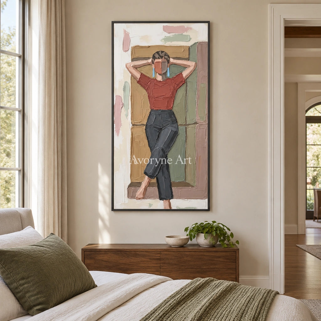 Verdant Vista textured portrait wall art with a black frame above a bed in a bedroom
