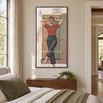 Verdant Vista textured portrait wall art with a black frame above a bed in a bedroom