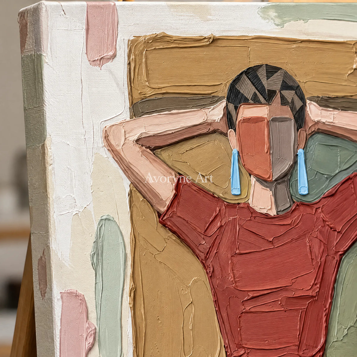 Close-up of the hand-painted texture of Verdant Vista textured portrait wall art on an easel