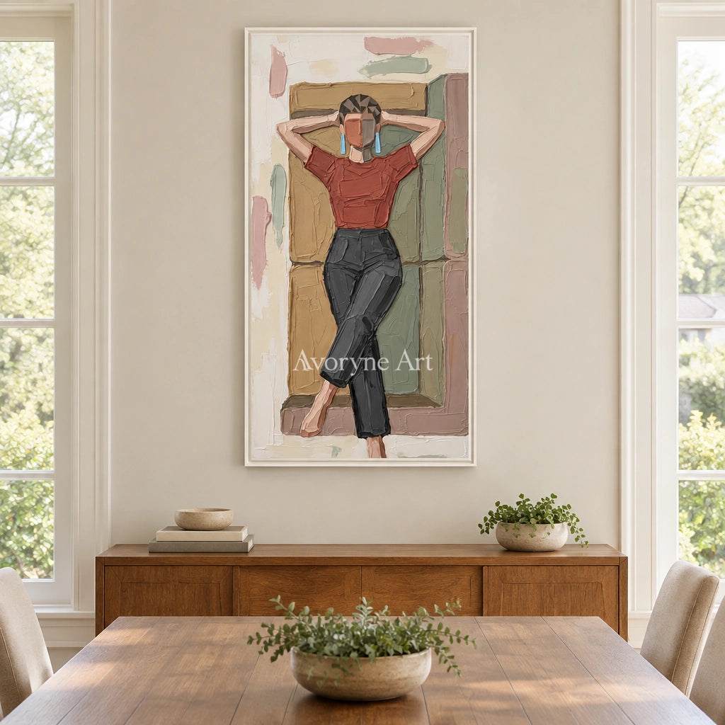 Verdant Vista textured portrait wall art with a white frame in a dining room