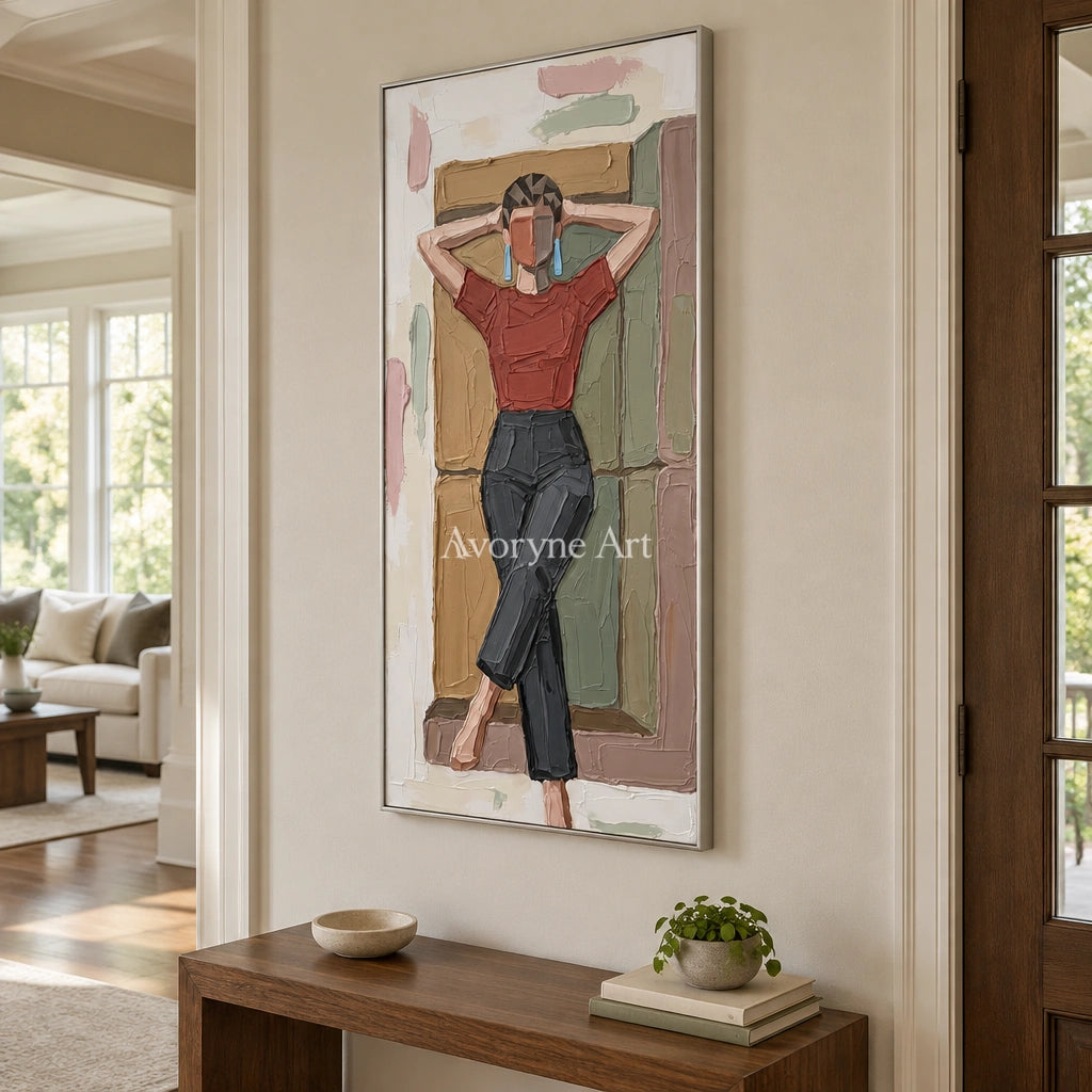 Verdant Vista textured portrait wall art with a silver frame in an entryway