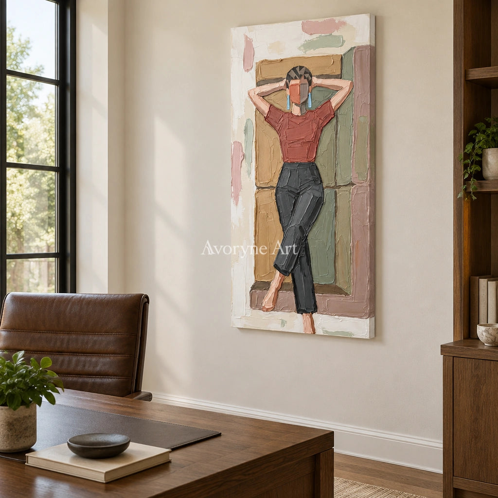 Verdant Vista textured portrait wall art as a frameless stretched canvas in a home office