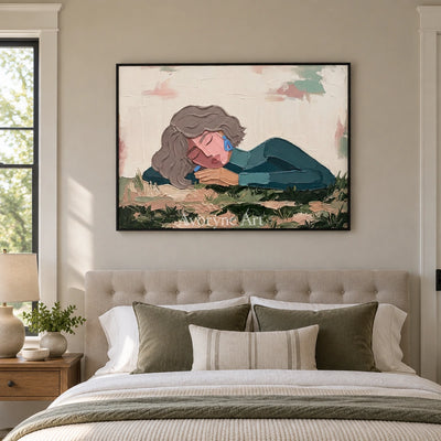 Verdant Solace textured portrait wall art with a black frame above a bed in a bedroom