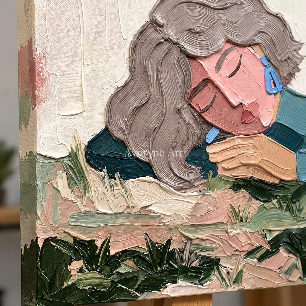 Close-up of the hand-painted texture of Verdant Solace textured portrait wall art on an easel