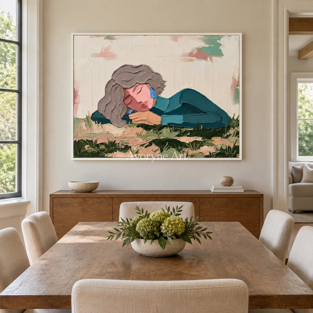 Verdant Solace textured portrait wall art with a white frame in a dining room