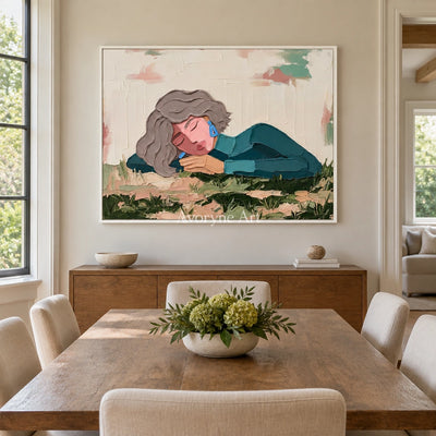 Verdant Solace textured portrait wall art with a white frame in a dining room