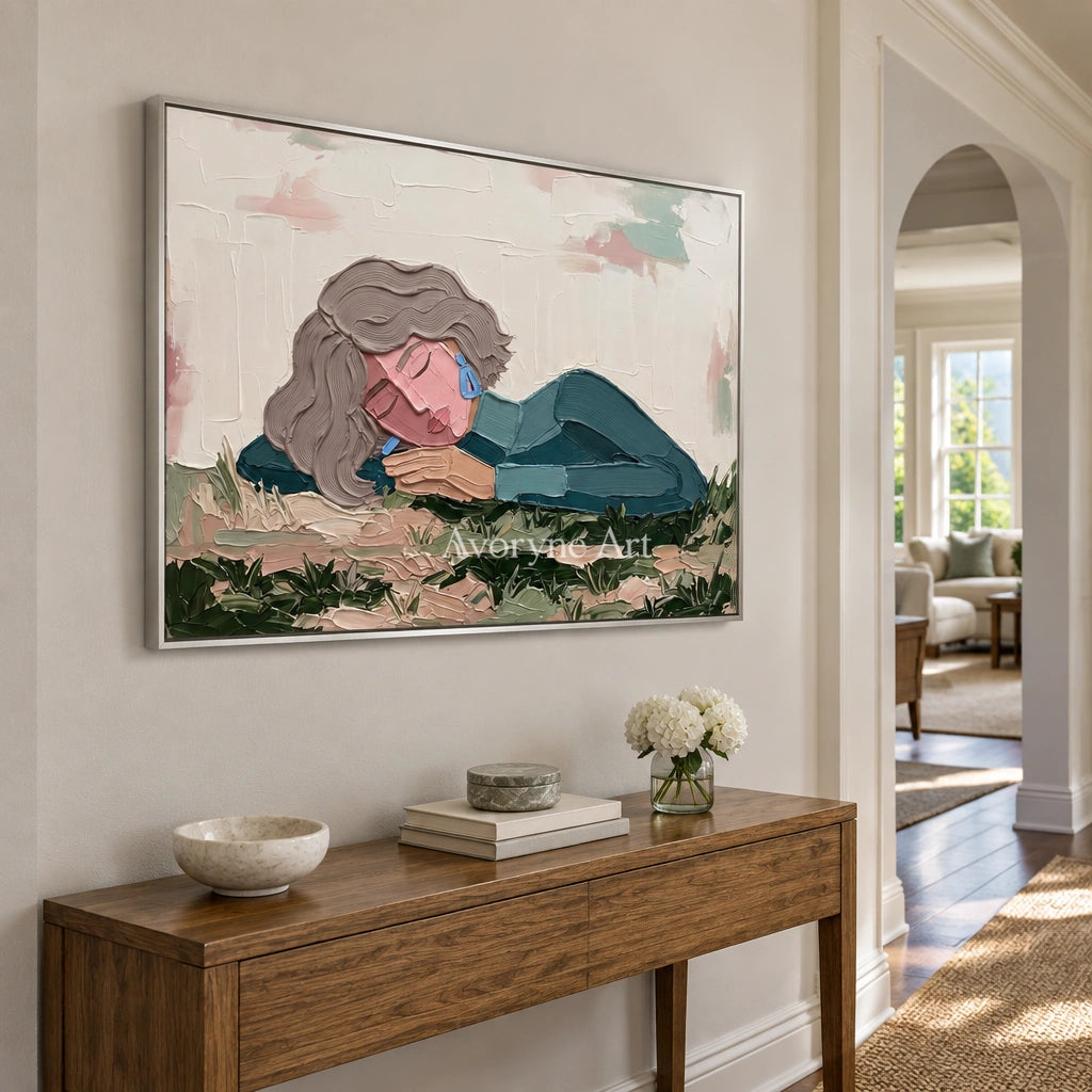 Verdant Solace textured portrait wall art with a silver frame in an entryway