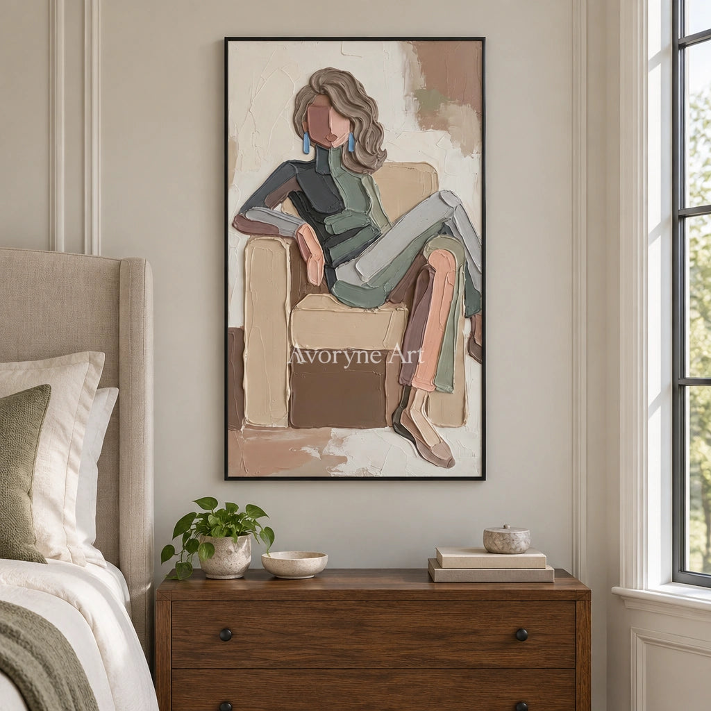 Verdant Reverberation textured portrait wall art with a black frame above a bed in a bedroom